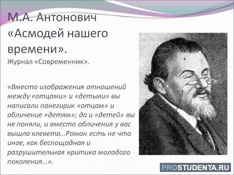 М. А. Антонович написал отрицательную рецензию «Асмодей нашего времени»