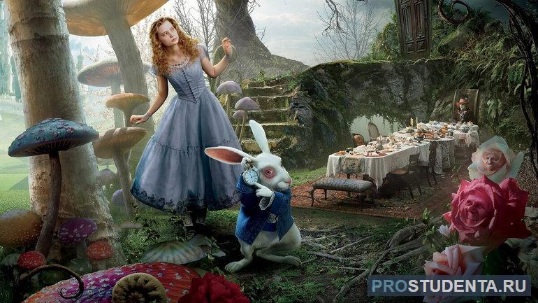 Алиса, гуляя по саду, видит белого кролика