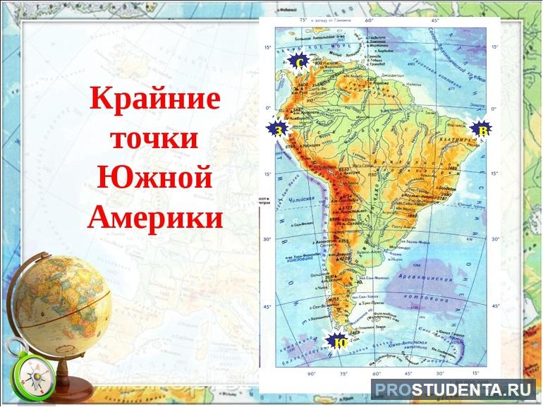 Описание и координаты крайних точек Южной Америки