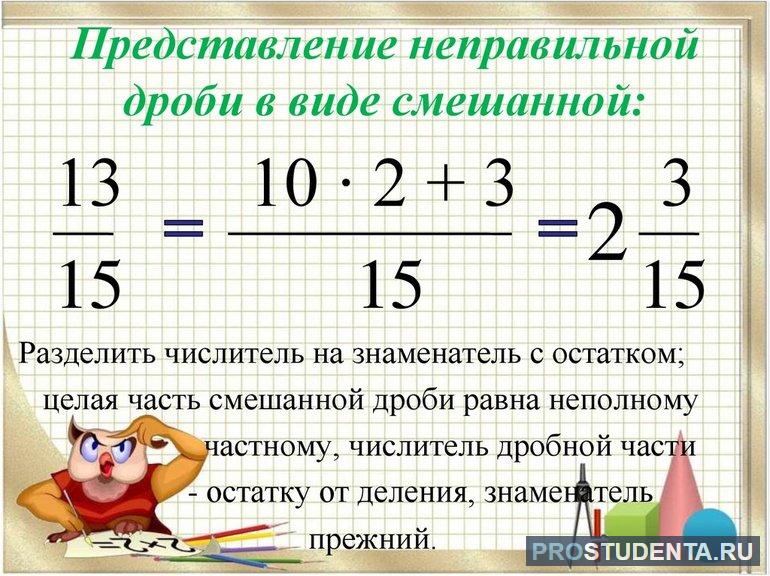 Метод перевода неправильной дроби в смешанную