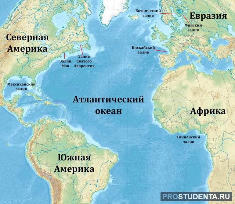 Названия крупных заливов и морей Атлантического океана
